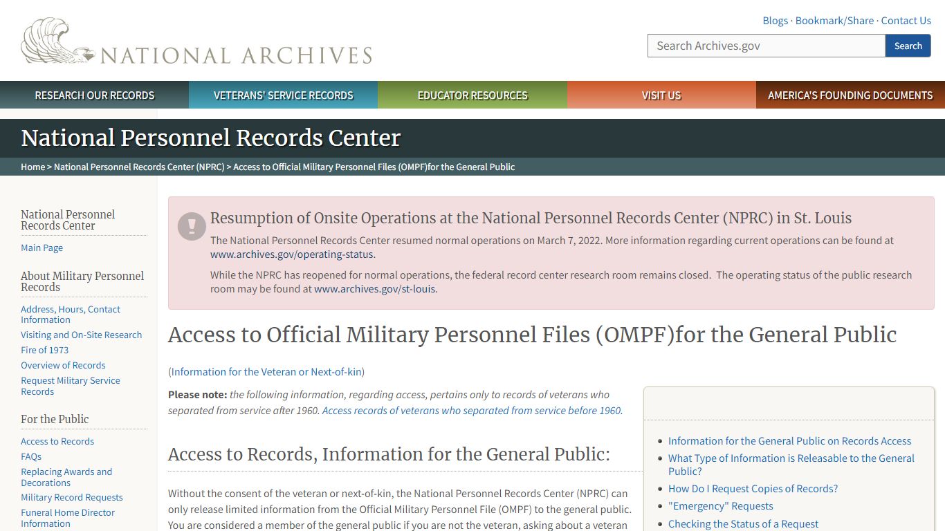 Access to Official Military Personnel Files (OMPF)for the General Public